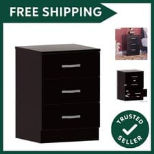 Image of Large Black Bedside Cabinet Chest of Drawers, 3 Drawer With Metal Handles and...