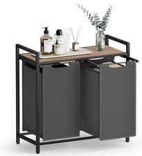 Image of 2 Compartment Laundry Basket Hamper Pull-Out 2X 46L Bags, Shelf & Metal Frame