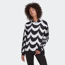 Image of Adidas X Marimekko Wave Hoodie Oversize 3 Stripes Hooded Sweatshirt Black White