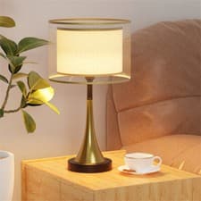 Image of Matt Gold Table Lamp Traditional Spindle Base Bedroom Light Drum Shade LED Bulb