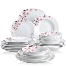 Image of Dinnerware Set 48 Piece Porcelain Plates Bowls Pink Floral Kitchen Dining Set