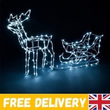 Image of Outdoor Christmas Reindeer Sleigh Light Up Decoration - Weather-Resistant Design