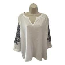 Image of Pure Jill White Embroidered 3/4 Sleeve Crinkle Blouse – Size M Bohemian Relaxed