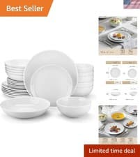 Image of Dinnerware Sets 24 Piece Porcelain White Round Plates Bowls Service For 6 Kit...