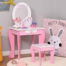 Image of Kids Dressing Table, Girls Vanity Set with Mirror and Stool - Unicorn-Designed