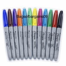 Image of 12 Pack Permanent Markers Pens Tip Sharp Bullet Point Multi Assorted Colour Pen