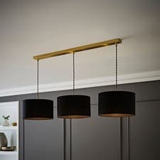 Image of Reni Brushed Gold 3 Way Drop Bar Ceiling Pendant Light Fabric Drum Lampshade LED