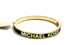 Image of NEW MICHAEL KORS POLISHED GOLD TONE,BLACK ENAMEL LOGO 'MK' HINGE BANGLE BRACELET