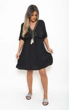 Image of V-Neck Short Sleeve Midi Dress with Tassel Detail