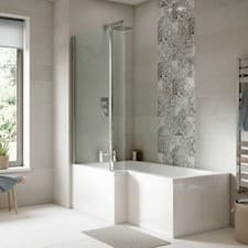 Image of Nuie L-Shape Square Shower Bath Front End Panels Hinged Screen Modern Acrylic