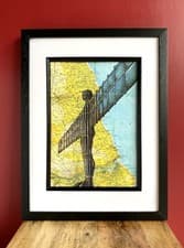 Image of Angel Of The North A4 Print. Pen Drawing Over Map Of Gateshead. Unframed