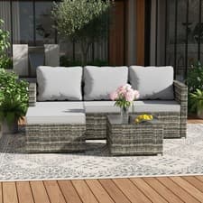 Image of Garden Rattan Furniture Set Corner Sofa 4 Seaters Glass Coffee Table Patio Grey