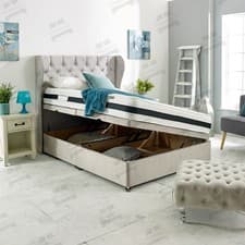 Image of Ottoman Storage Plush Velvet Upholstered Bed and Chesterfield Winged Headboard