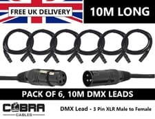 Image of 6 x DMX Leads 10m - 3 Pin XLR Male to Female- High Quality Connectors & Cable