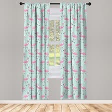 Image of Pink Flamingo Curtains 2 Panel Set Birds on Polka Dots