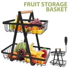 Image of 2 Tier Metal Fruit Basket for Kitchen Countertop Stable Sturdy Design Home Use