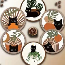 Image of Cute Black Cat Wooden Coasters Set of 6 Boho Inspired Drink Mats