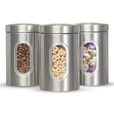 Image of 3Piece Stainless Steel Large Tea Coffee Sugar Kitchen Storage Jars Canisters Set