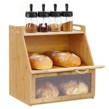 Image of 2 Tier Bamboo Bread Bin Double Layer Kitchen Storage Container Loaf Bread Box UK