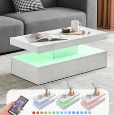 Image of High Gloss LED Coffee Table With Storage Wooden 2 Drawer Living Room Furniture