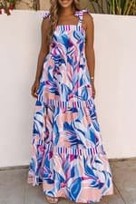 Image of Sky Blue Abstract Print Striped Detail Knot Strap Maxi Dress