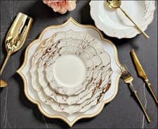 Image of Luxury White and Gold 24 Piece New Bone China 6 Piece Dinnerware Set by Konigtum