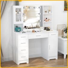Image of White Vanity Makeup Desk Dressing Table With LED Light Mirror Drawes Storage