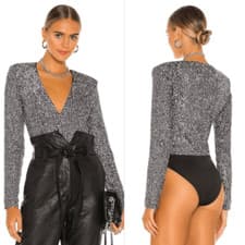 Image of Bardot Leotard Bodysuit Women's Small Siren Silver Sequined Long Sleeve Hipster