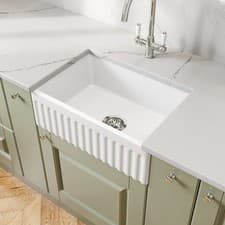 Image of 605 x 405mm Fluted Ceramic Belfast Kitchen Sink Single Bowl & Chrome Waste