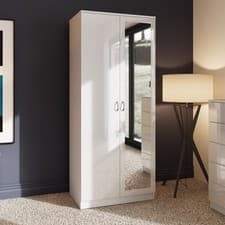 Image of 2 Door Double Wardrobe with Full Length Mirror White High Gloss Matt Frame