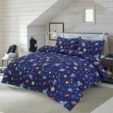 Image of Space Galaxy Rocket Moon Stars Print Duvet Cover Pillowcase Bedding Set