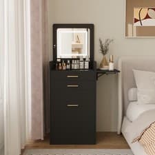 Image of Modern Dressing Table Set with LED Mirror Vanity Makeup Desk Side Panel 2 Drawer