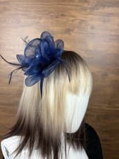 Image of Navy Blue Floral Fascinator Headband with Feathers – Wedding & Races