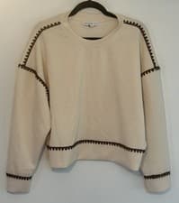 Image of NWOT AND NOW THIS Women’s Contrast Stitch CREWNECK Cream w/brown Stitch Sz Large