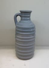 Image of Large Grey Ribbed Ceramic Vase With Handle 27cm - Rustic Flower Pot Decor