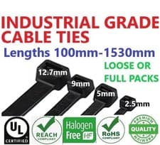 Image of CABLE TIES ZIP TIES Industrial Quality Black Nylon CHOICE OF SIZE AND QUANTITY