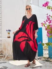 Image of Elegant Black & Red  Abstract Print Maxi Kaftan Dress – Flowy Boho Summer Beach