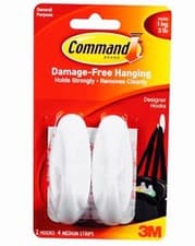 Image of PACK OF TWO 3M COMMAND WHITE MEDIUM WIRE SELF ADHESIVE HOOKS HOLDS 1.3 kg
