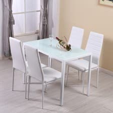 Image of 4 Seater Glass Dining Table and 4 Padded Chairs Set White Home Furniture New