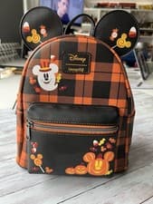 Image of Loungefly Disney Mini Backpack Mickey Halloween Pumpkin Ghost Plaid