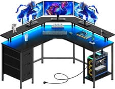 Image of L-Shaped Gaming Desk, Corner Computer Desk with LED Lights & Power Outlets, 3 Fa