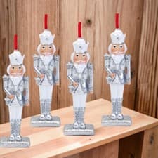 Image of Nutcrackers Silver Set of 4 Hanging Tree Decorations Glittery Festive Décor 8917