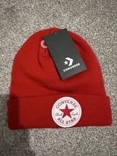 Image of CONVERSE MENS WOMENS BEANIE HAT.CHUCK PATCH Red TURN UP WARM WOOLLY KNIT W22