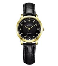 Image of Rotary Ladies Gold Plated Case Black Leather Strap Diamond Set Black Dial Watch