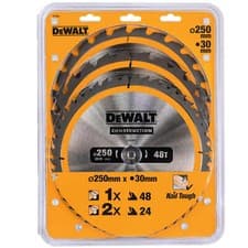 Image of DeWalt 3 Piece 250mm Construction Circular Saw Blade Set 250mm Assorted Teeth 30