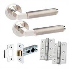 Image of Polished Nickel Knurled Lever Door Handle Latch Hinge Set Internal Round Rose