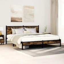 Image of WALPLUS Smoked Oak Metal Bed Frame 160x200cm King Size Modern Bedroom Bed