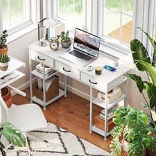 Image of Computer Desk with Power Outlets, Fabric Drawers, Storage Shelves