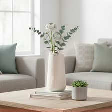 Image of Striped Ceramic Vase 19.5cm Ribbed Flower Vase Nordic Rustic Pampas Decor