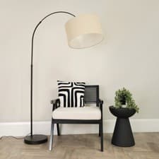 Image of Large Curved Black Metal Floor Lamp Fabric Drum Shade Living Room Light LED Bulb